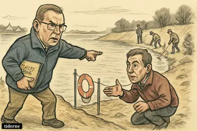 Caricature of Tomas Breddam and Allan Nyhus inspecting a hazardous gravel pit lake as workers add rescue gear and barriers nearby.