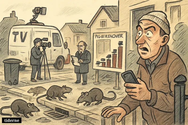 A worried homeowner on a Danish street recoils as rats swarm near drains, while media crews and an inspector document a sharp rise in reports. (AI-genereret illustration)