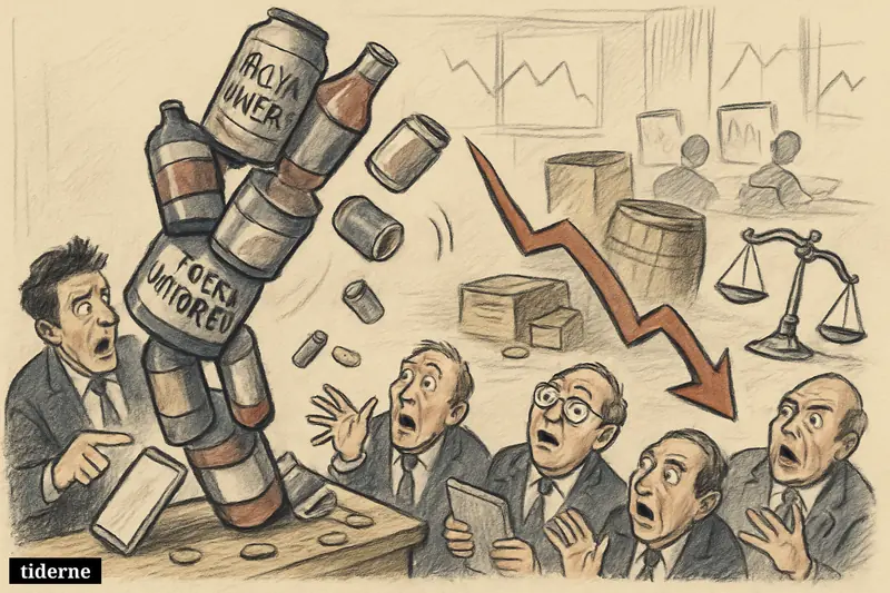 A collapsing stack of Royal Unibrew-style beverage containers looms over worried investors on a trading floor filled with falling-market symbols.