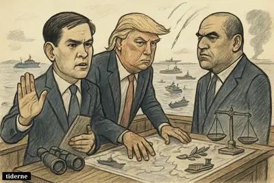 Marco Rubio gestures for calm on a dock platform as Trump and Ghalibaf face off behind tanker ships, missiles, and warships in Hormuz.