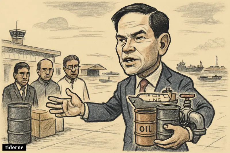 Marco Rubio caricature pitches U.S. energy on an Indian airport tarmac, with Indian officials, fuel props, and congested tankers near a sea chokepoint.