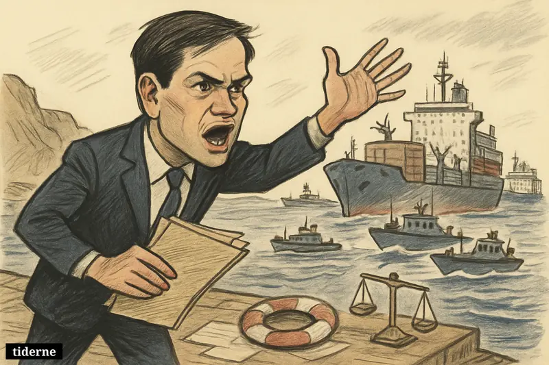 Caricature of Marco Rubio on a dock making a forceful claim as blocked cargo ships and anxious sailors crowd the Strait of Hormuz.