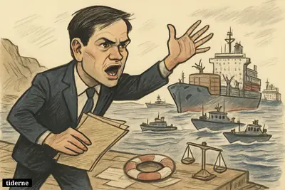 Caricature of Marco Rubio on a dock making a forceful claim as blocked cargo ships and anxious sailors crowd the Strait of Hormuz.