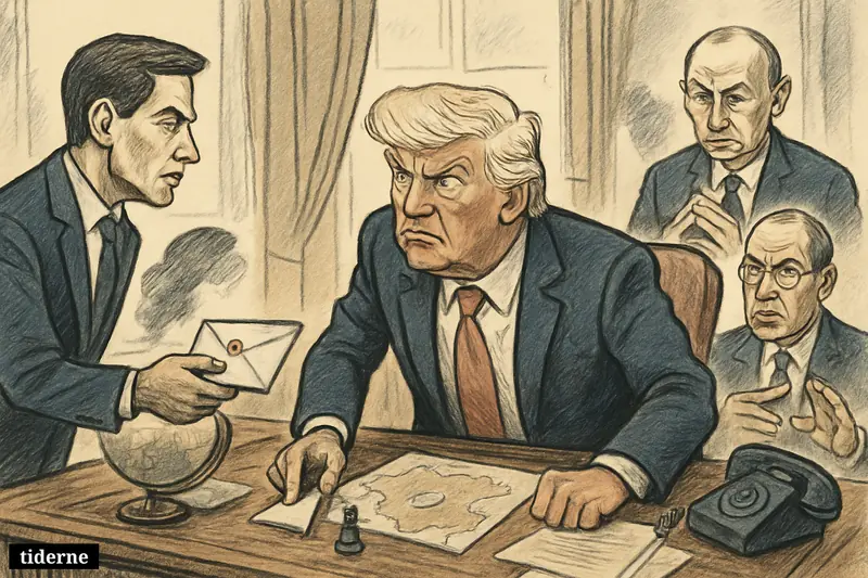 Trump receives a grave warning relayed by Rubio and Lavrov, while Putin looms behind, with Ukraine war symbols around an Oval Office desk.