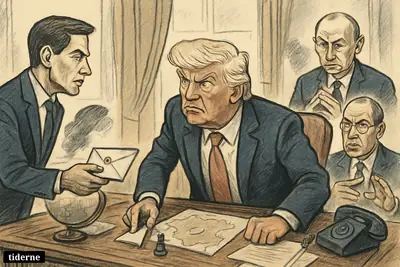 Trump receives a grave warning relayed by Rubio and Lavrov, while Putin looms behind, with Ukraine war symbols around an Oval Office desk.