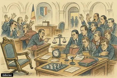 A chaotic caricature inside Romania’s parliament with arguing lawmakers, an overturned prime minister’s chair, scattered papers, and symbols of deadlock and power struggle.