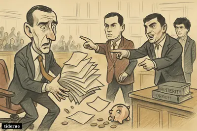 Caricature of Ilie Bolojan falling from power in Romania’s parliament as rivals confront him amid symbols of austerity and budget crisis.
