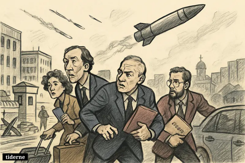 Anxious diplomats rush through Kyiv toward cars as missiles arc overhead above guarded government buildings and barricaded streets.