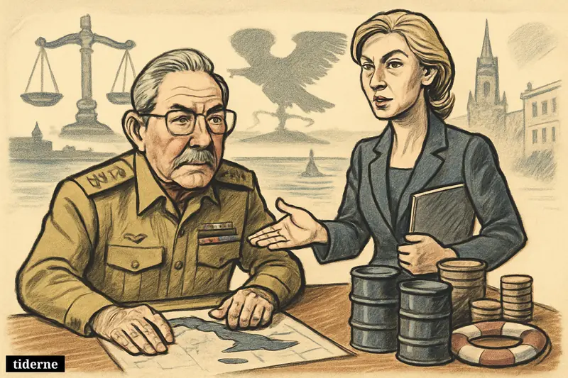 Raúl Castro sits tensely at a table as Maria Zakharova stands beside him, offering support amid oil, money, and legal pressure symbols.