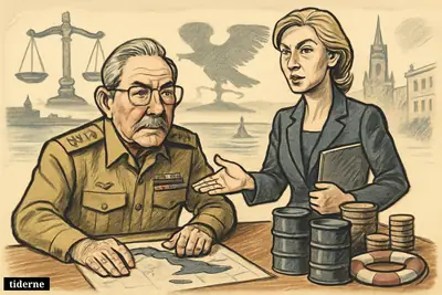 Raúl Castro sits tensely at a table as Maria Zakharova stands beside him, offering support amid oil, money, and legal pressure symbols.