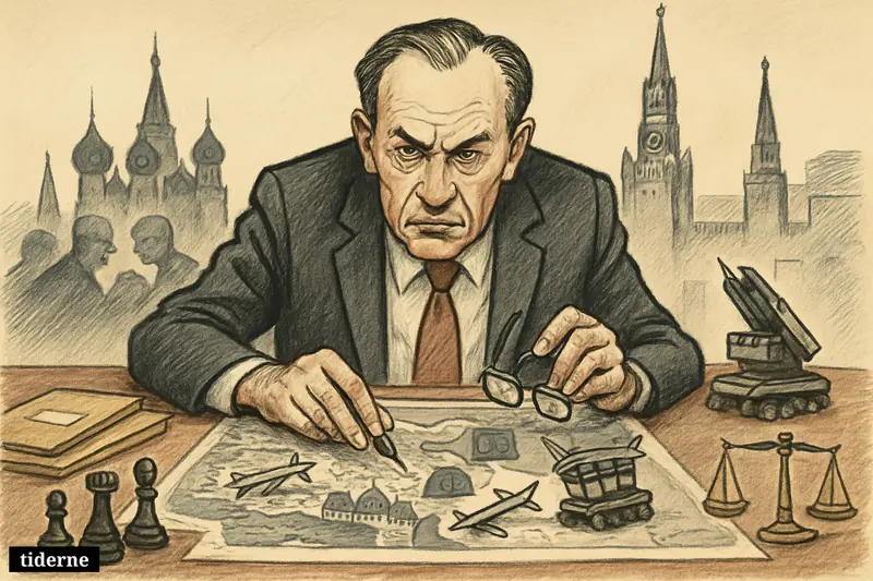 A caricature of Thomas E. Graham studying a map of Saint Petersburg with drone and missile models, amid security and war symbolism.