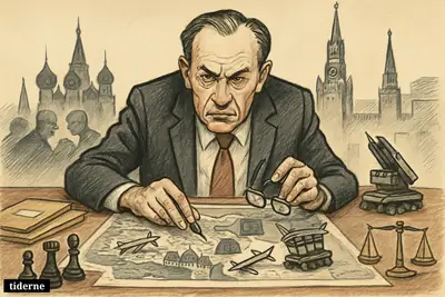 A caricature of Thomas E. Graham studying a map of Saint Petersburg with drone and missile models, amid security and war symbolism.