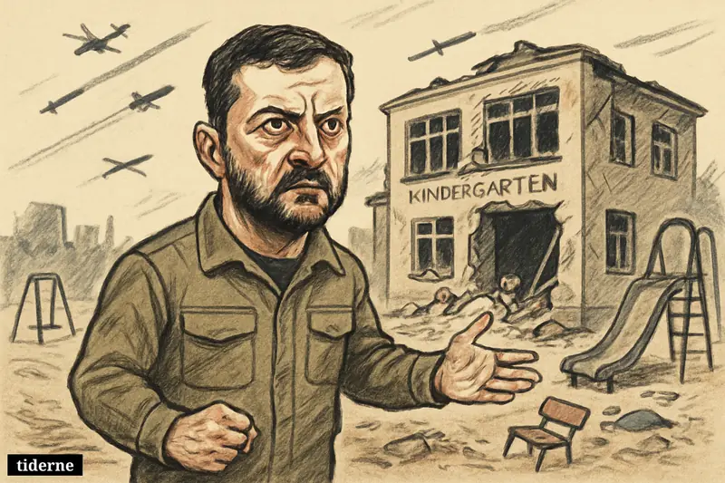 Caricature of Volodymyr Zelenskyj gesturing toward a shattered kindergarten in Sumy, with rubble, toys, damaged playground equipment, drones, and missiles overhead.