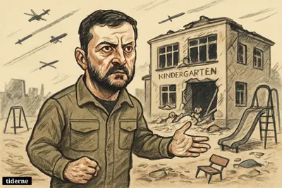 Caricature of Volodymyr Zelenskyj gesturing toward a shattered kindergarten in Sumy, with rubble, toys, damaged playground equipment, drones, and missiles overhead.