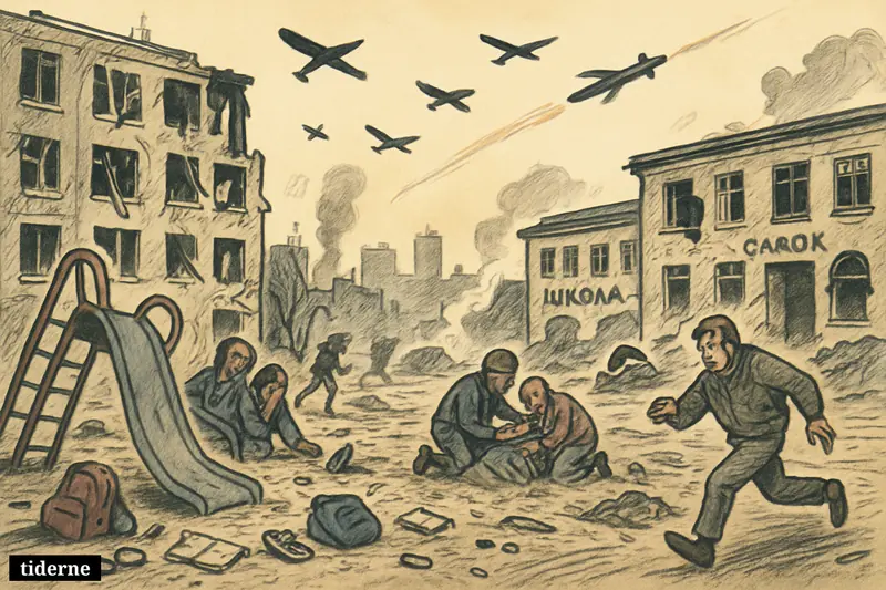 Damaged apartments, school, and kindergarten in a Ukrainian city street as civilians flee drones and a missile during a renewed air attack.