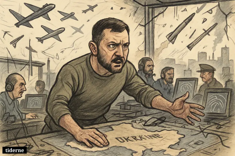 Caricature of Volodymyr Zelenskyj directing Ukraine’s air defense from a damaged command room as drones and missiles swarm overhead.