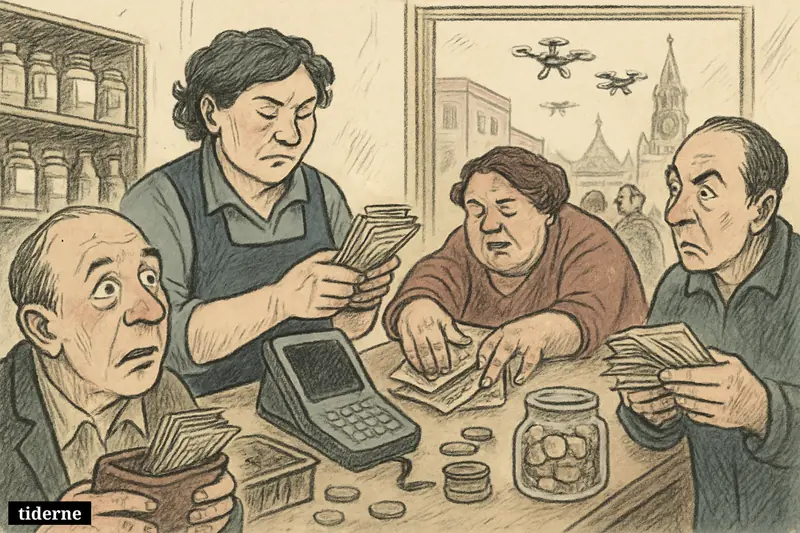 Anxious shoppers in a Russian store pay with cash at a dead card terminal while drones hover outside over a tense city street. (AI-genereret illustration)