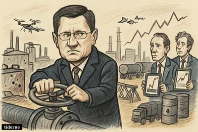 Alexander Novak shuts a giant fuel valve beside damaged refinery tanks as drones hover and worried European traders watch diesel gauges rise. (AI-genereret illustration)