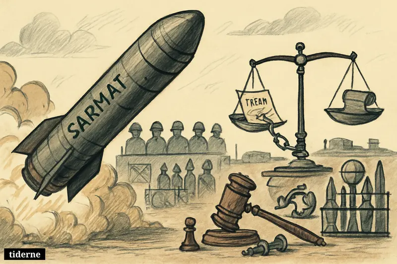 A huge missile launches as NATO-linked military silhouettes watch beside broken treaty symbols, scales, and chess pieces in a tense strategic scene.