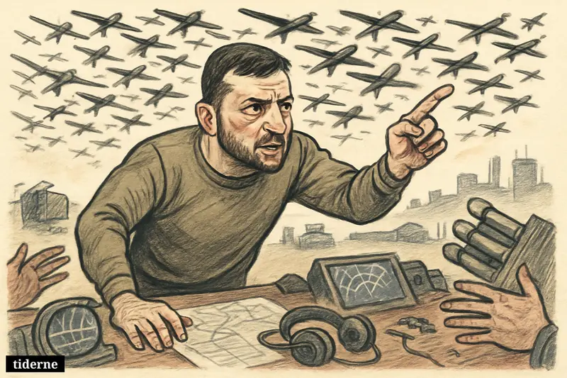 Caricature of Volodymyr Zelenskyj at a command table as a huge swarm of attack drones closes in over Ukraine’s defenses.