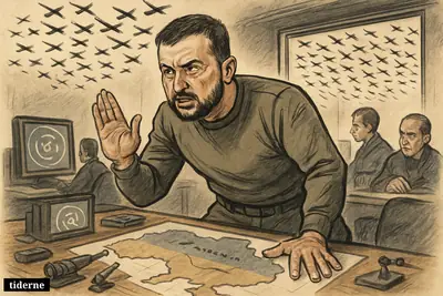 Caricature of Zelenskyj in a bunker command room warning over a map as a swarm of attack drones fills the sky outside.