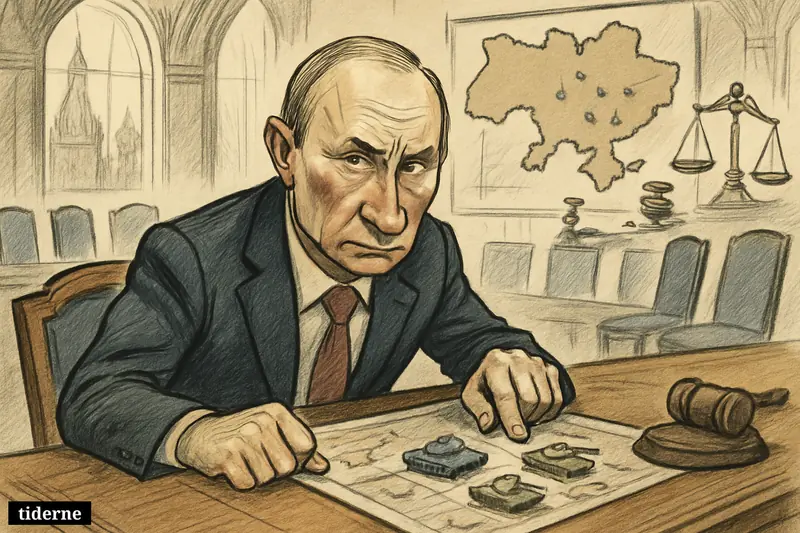A caricature of Vladimir Putin at a negotiation table in the Kremlin, surrounded by war maps, broken chess pieces, and symbols of stalled peace talks.