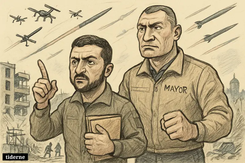 Zelensky and Klitschko stand in a ruined Kyiv street as drones and missiles cross the sky over damaged homes and infrastructure.