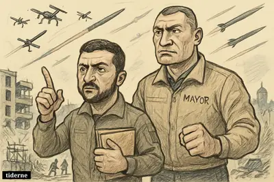 Zelensky and Klitschko stand in a ruined Kyiv street as drones and missiles cross the sky over damaged homes and infrastructure.
