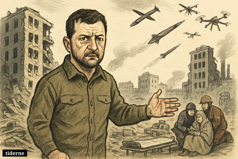Caricature of Zelenskyj in military clothing before shattered Ukrainian buildings, with missiles, drones, smoke, and rescuers aiding civilians.