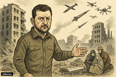 Caricature of Zelenskyj in military clothing before shattered Ukrainian buildings, with missiles, drones, smoke, and rescuers aiding civilians.