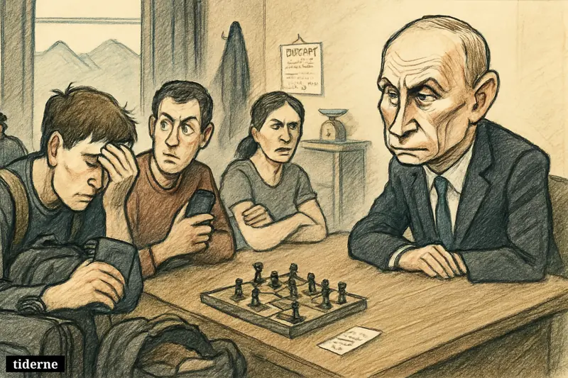Putin looms at the end of a long table while anxious Russian exiles in an Almaty apartment sit surrounded by luggage and travel papers.