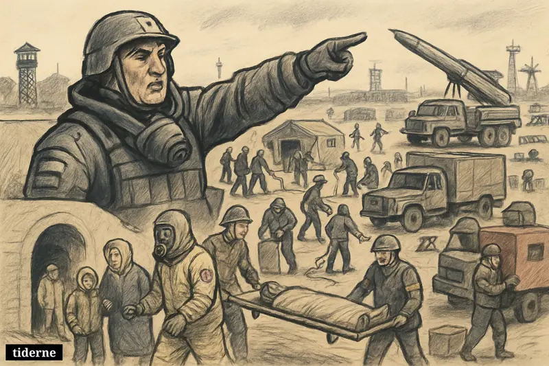 A sprawling caricature emergency drill with radiation-suited responders, evacuees, military vehicles, bunker entrances, and a commander overseeing a tense nuclear preparedness exercise.