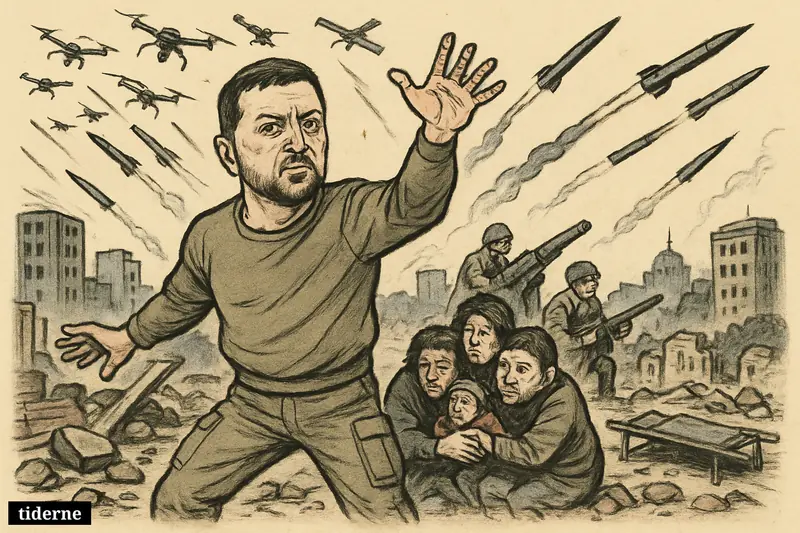 Caricature of Zelenskyj shielding civilians as drones and missiles swarm over a battered Ukrainian city while air defenses fire back.