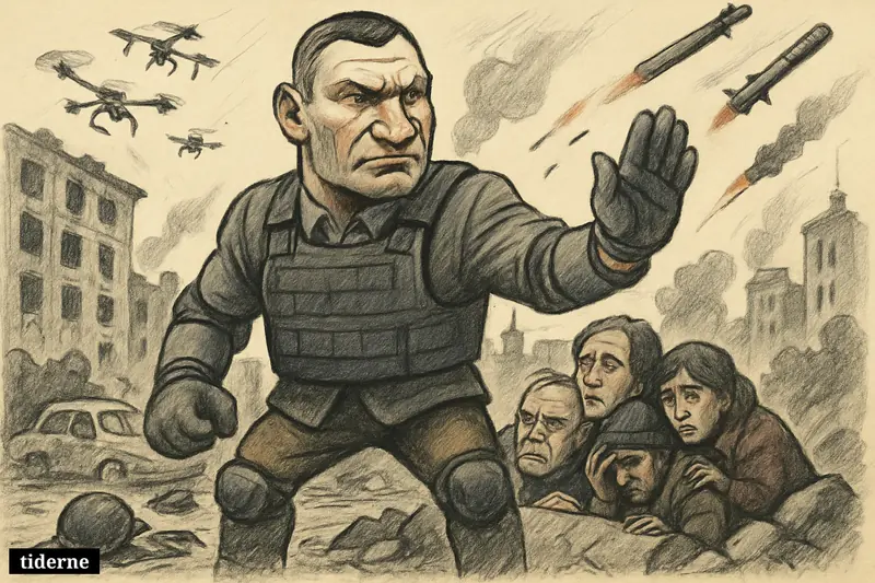 Caricature of Vitali Klitschko shielding civilians on a shattered street as drones and missiles rain over Ukrainian cities.
