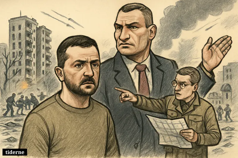 Caricatures of Zelenskyj, Klitschko, and Tkachenko stand before damaged apartment buildings as missiles strike and emergency crews respond.