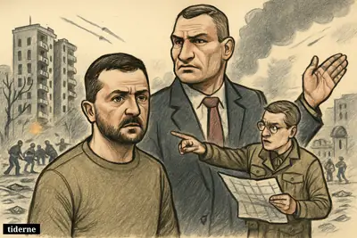 Caricatures of Zelenskyj, Klitschko, and Tkachenko stand before damaged apartment buildings as missiles strike and emergency crews respond.