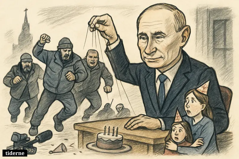Caricature of Putin controlling nationalist vigilantes attacking a birthday gathering, with BBC equipment nearby and a Kremlin-like backdrop.