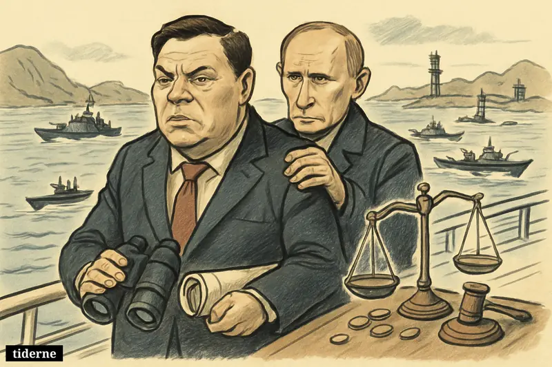 Mordasjov and Putin on a luxury yacht in the Strait of Hormuz, watched by patrol boats amid sanctions and security symbols.
