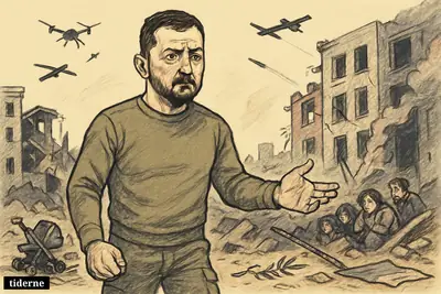 Caricature of Volodymyr Zelenskyj standing defiantly amid ruined homes, civilians sheltering nearby, with missiles and drones crossing the sky.