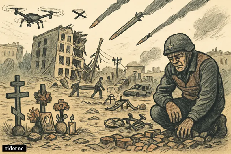 A devastated Ukrainian neighborhood with rescuers, memorials for three civilians, damaged homes and infrastructure, and drones and missiles threatening overhead.