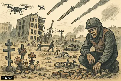 A devastated Ukrainian neighborhood with rescuers, memorials for three civilians, damaged homes and infrastructure, and drones and missiles threatening overhead.