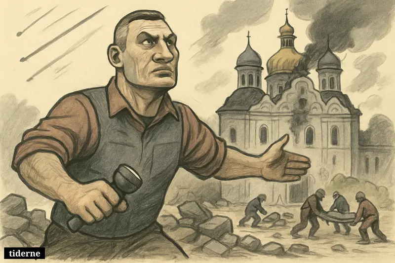 Caricature of Vitalij Klitsjko standing protectively before the damaged Dormition Cathedral as smoke rises and rescuers carry victims through debris.