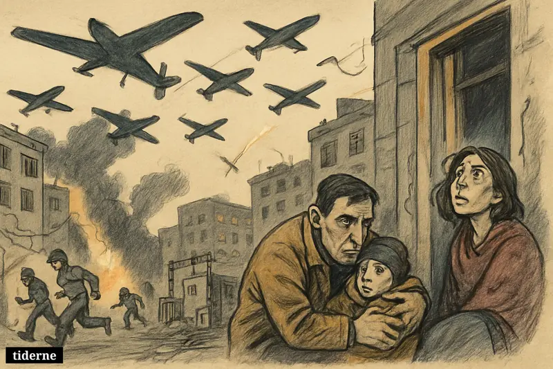 Civilians shelter near damaged buildings as a swarm of Shahed-style drones flies over a Ukrainian city and responders rush through debris.
