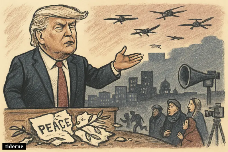 Caricature of Donald Trump announcing a failed ceasefire as drones fly over Kyiv and anxious civilians react below.