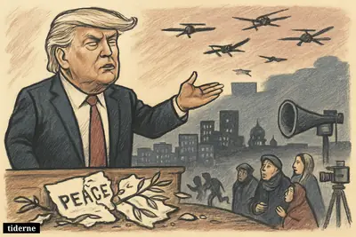 Caricature of Donald Trump announcing a failed ceasefire as drones fly over Kyiv and anxious civilians react below.