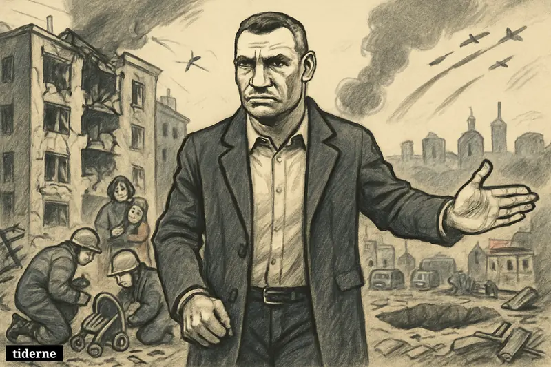 Vitali Klitschko stands protectively in a ruined Kyiv street as civilians, rescuers, rubble, and incoming drones and missiles fill the scene.
