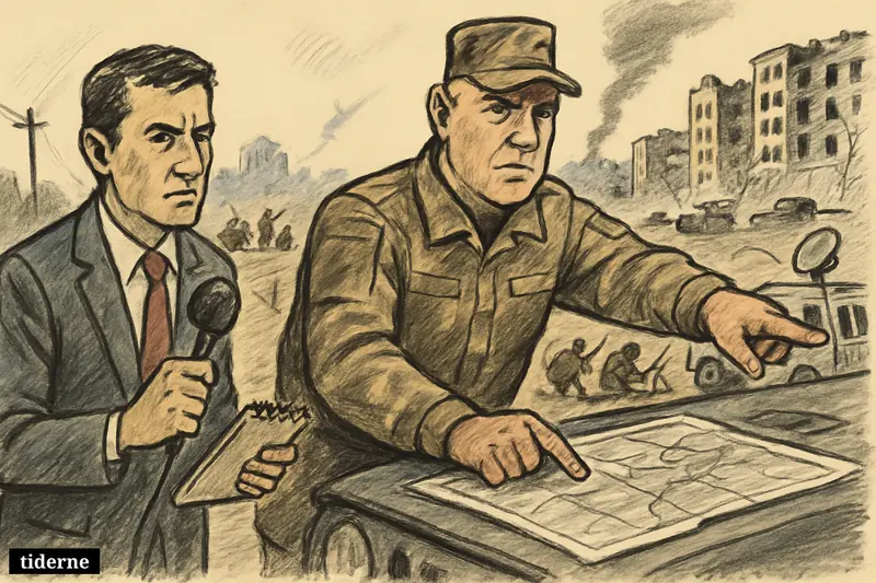 A war reporter and a Ukrainian general study a battlefield map near a shattered city as soldiers defend against an encircling attack.
