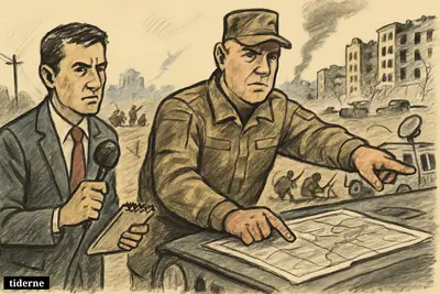 A war reporter and a Ukrainian general study a battlefield map near a shattered city as soldiers defend against an encircling attack.