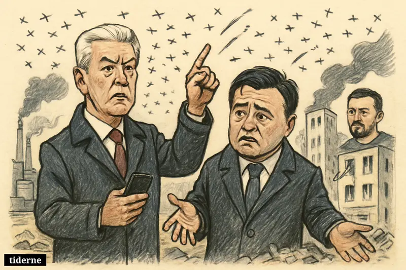 Caricature of Moscow officials surveying drone attack damage as drones swarm overhead and a struck oil refinery burns nearby.