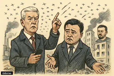 Caricature of Moscow officials surveying drone attack damage as drones swarm overhead and a struck oil refinery burns nearby.